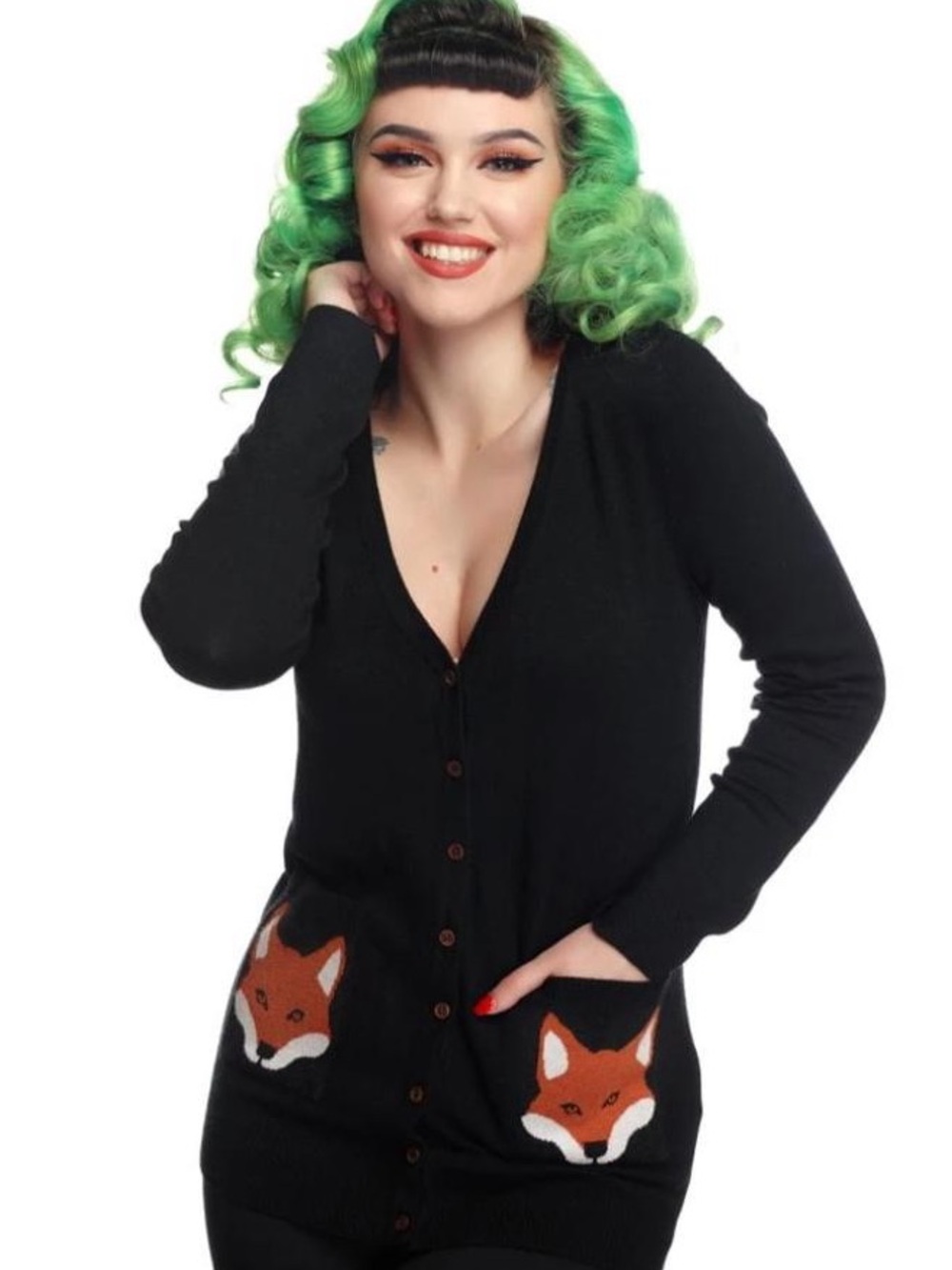 Collectif ModCloth Sydney Black Fox Pocket Women's Cardigan Size Small